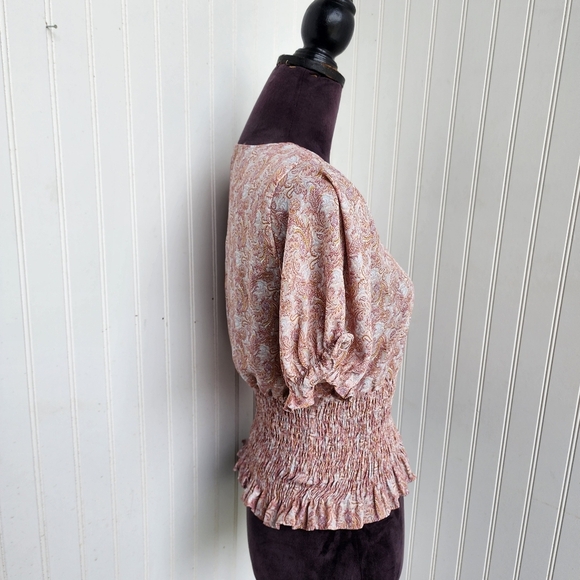 Paper Crane Puff Sleeve Smocked Top V Neck Pink Rose Summer Floral Rayon Sz L - Picture 5 of 11